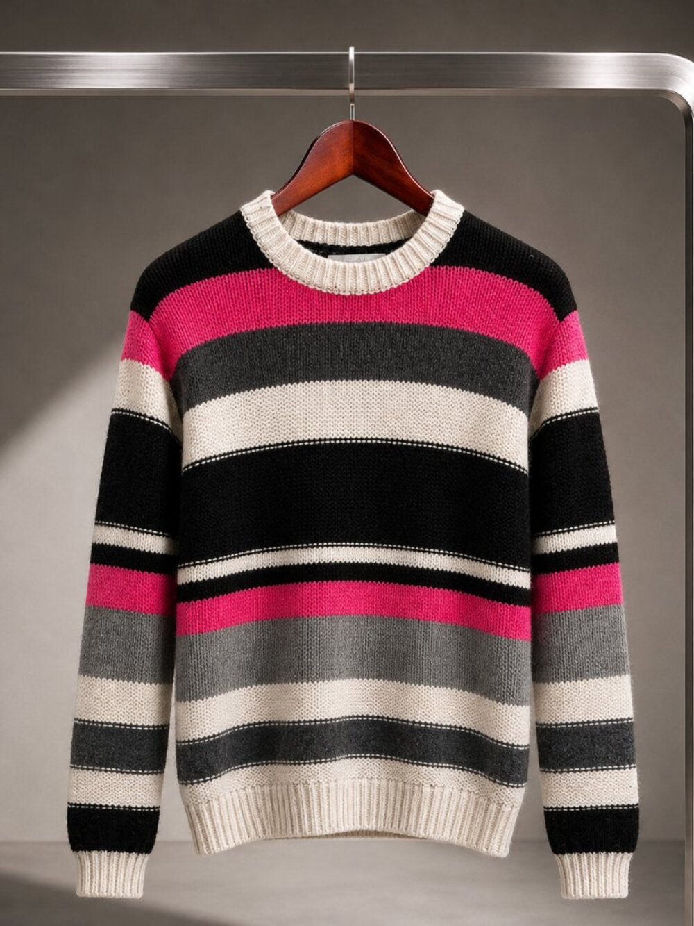 One Grey Day Los Angeles Chunky Striped Crewneck Sweater Pink Black Grey XS